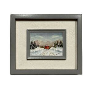 Miniature Ride In A Red Sleigh Americana Painting Winter Snow Scene Signed 5"